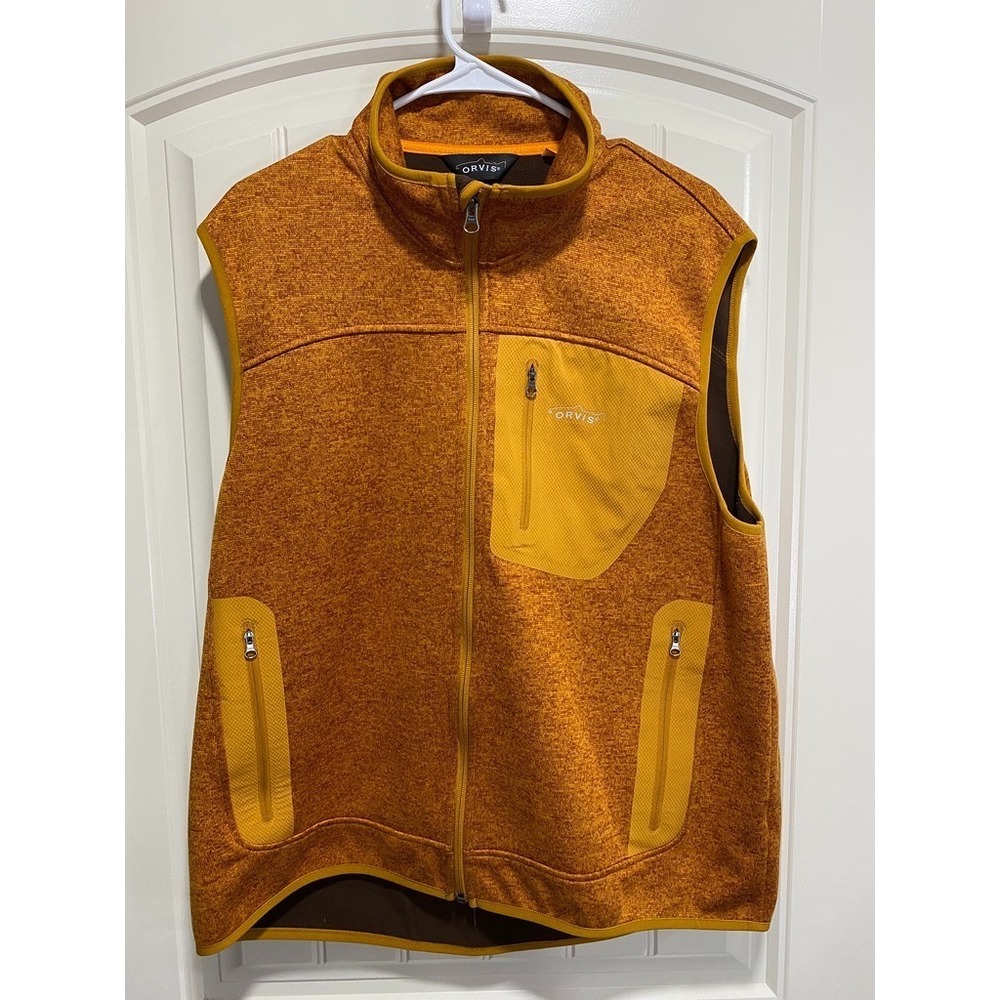 Orvis Vest Mens Size Large Orange Fleece Full Zip Lined Pockets Outdoor Layer